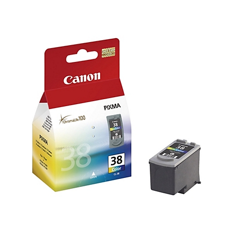 Eine Canon Pixma Tintenpatrone und ihre Verpackung. Auf der Verpackung steht Canon, Pixma, 38 Color, CL-38.