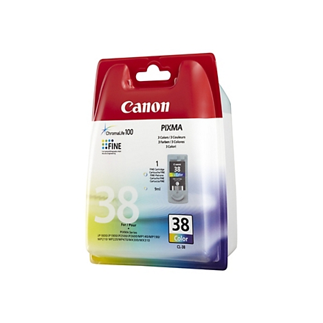 Verpackung einer Canon 38 Farbpatrone. Das Gehäuse ist größtenteils weiß, mit roten und blauen Akzenten und dem Canon-Logo.