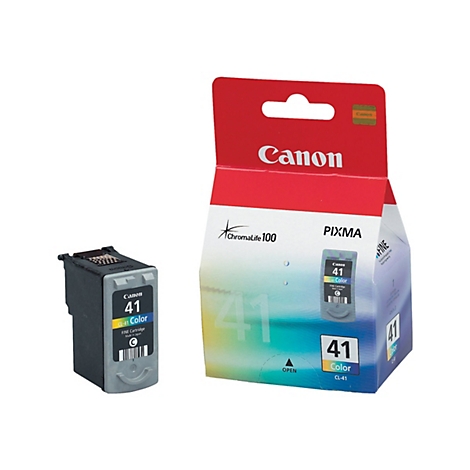 Tintenpatrone Canon 41 Color und Verpackung vor weißem Hintergrund. Aufdruck: Canon, ChromaLife 100, PIXMA.