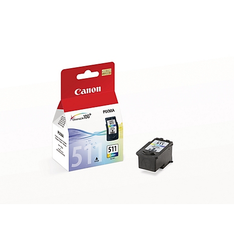 Eine Canon Tintenpatrone, CL-511, und die dazugehörige Verpackung vor weißem Hintergrund. Die Verpackung ist rot und weiß mit Canon-Logo. Die Patrone liegt daneben.