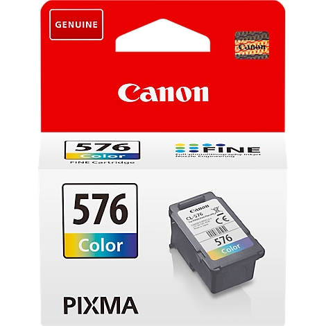 Canon CL-576 color ink cartridge. Red packaging with product image, lettering, and color code.