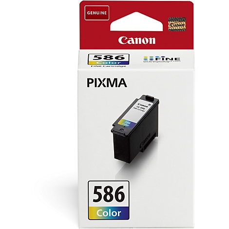 Verpackung einer Canon 586 Color FINE Tintenpatrone. Auf der Verpackung steht "Genuine" und "PIXMA". Die Patrone selbst ist im Bild zu sehen.