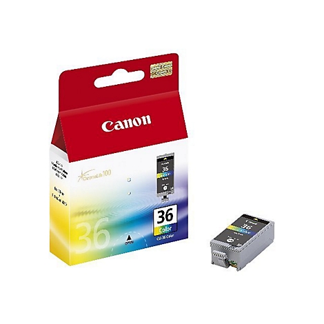Eine Canon-Tintenpatrone, CLI-36 Color, mit Verpackung und einzelner Patrone.