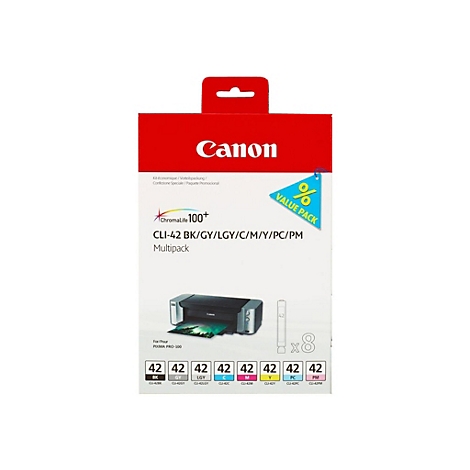Canon Multipack Tintenpatronenpackung mit Produktabbildung, farbigen Patronen und Label.