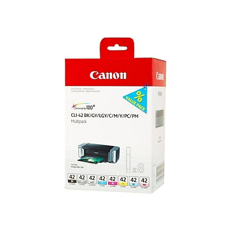 Canon Multipack Tintenpatronen-Box. Aufdruck: Modellnummer, Farben und eine Abbildung eines Druckers.