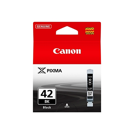 Schwarze Tintenpatrone für Canon Drucker, verpackt in einer roten Schachtel. Darauf steht Canon, PIXMA, 42, BK, Black und 'OPEN'.
