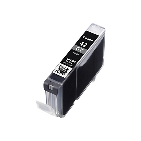 Graue Canon Tintenpatrone, Modell CLJ-42GY. Etikett mit Produktinformationen und QR-Code.