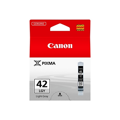 Eine Canon Tintenpatrone, Modell 42 LGY, hellgrau, auf rotem Hintergrund. Aufschrift: "Canon", "PIXMA", "GENUINE".