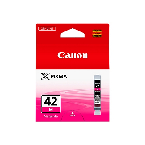 Verpackung einer Canon Tintenpatrone. Auf rotem Hintergrund steht „Canon“ und „PIXMA“. Die Patrone ist magenta und mit „42 M“ beschriftet.