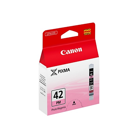 Eine Canon-Tintenpatrone, Modell 42 PM, in einer pink-rot gefärbten Verpackung. Aufgedruckt sind Produktinformationen und das Canon-Logo.
