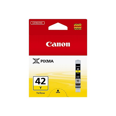 Originale gelbe Canon CLI-42Y Tintenpatrone in ihrer weißen und roten Verpackung.
