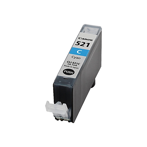 Eine Canon Tintenpatrone in Grau und Schwarz. Sie zeigt „Canon 521C Cyan“, sowie „CLI-521C Ink Tank“
