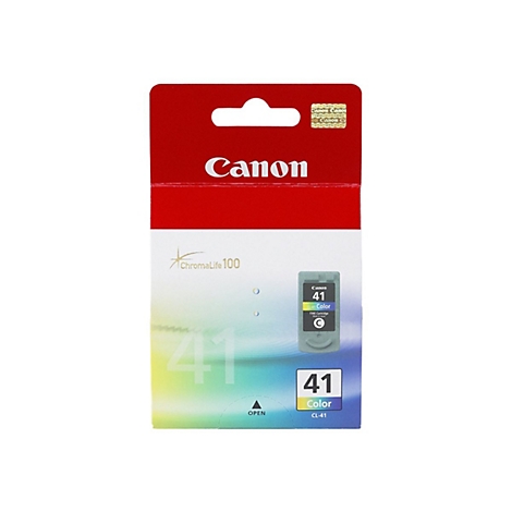 Verpackung einer Canon CL-41 Farbpatrone, Rot- und Weißtöne, Text: Canon, ChromaLife 100, 41 Color.