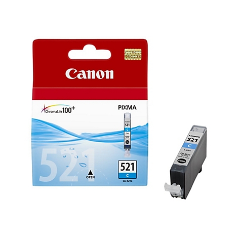 Eine Canon Tintenpatrone, dargestellt als Verpackung und einzelne Patrone. Beschriftung: 521, Cyan.