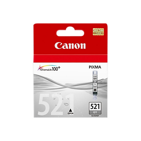 Graue Canon-Tintenpatrone in Verpackung. Aufdruck: Canon, Pixma, 521 GY.