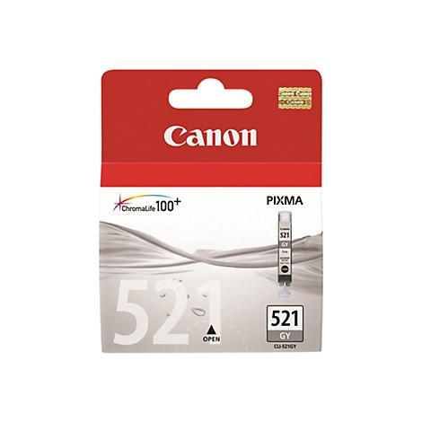 Verpackung einer Canon Tintenpatrone. Aufdruck: Canon, Pixma, 521 GY. Auf der Verpackung steht 521 und CLI-521GY.