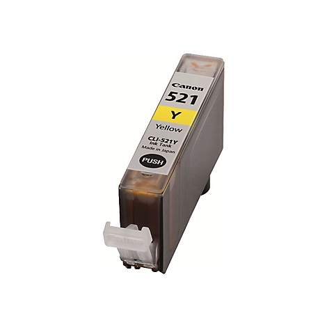 Gelbe Canon Tintenpatrone, Modell 521Y, mit Produktbeschriftung. Aufdruck: "PUSH".