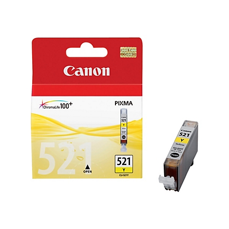 Gelbe Canon Tintenpatrone 521 neben der Verpackung. Beide zeigen deutlich das Canon-Logo und die Produktbezeichnung.