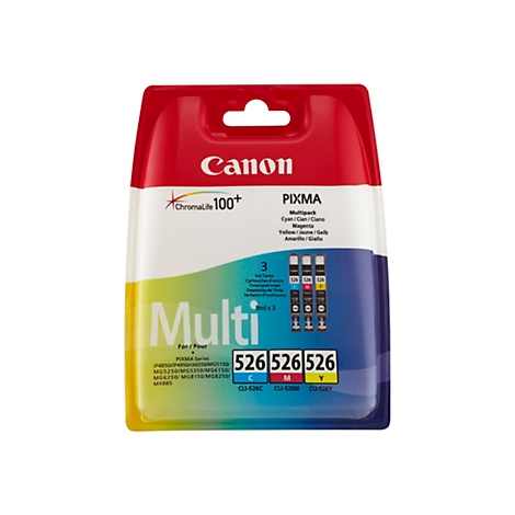 Verpackung von Canon Druckerpatronen. Das Produkt ist in einer Plastikverpackung mit roter und blauer Farbe eingeschweißt.