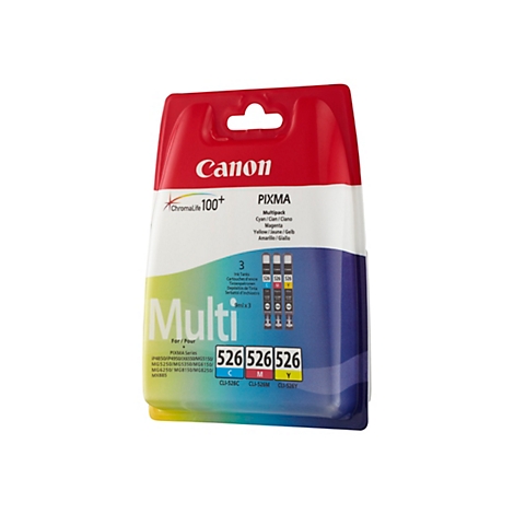Verpackung mit Tintenpatronen von Canon. Die Packung hat eine rote Oberseite, enthält drei Patronen in Blau, Magenta und Gelb und enthält die Aufschrift "Multi".