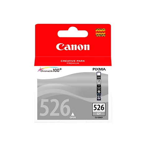 Eine Canon Tintenpatrone, Modell 526 GY, in roter und grauer Verpackung. Das Canon Logo und Produktbezeichnungen sind sichtbar.