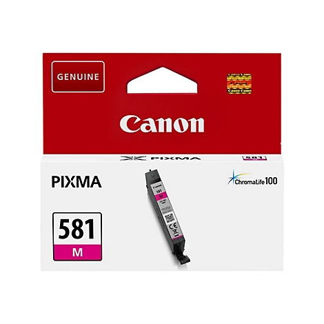 Canon Druckerpatrone 581 M, magenta. Verpackung mit Produktinformationen und Logo.