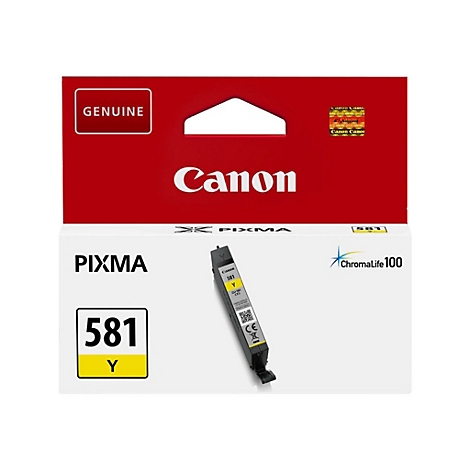 Gelbe Canon Pixma 581 Y Tintenpatrone, Originalverpackung mit rotem Hintergrund und dem Schriftzug Canon.