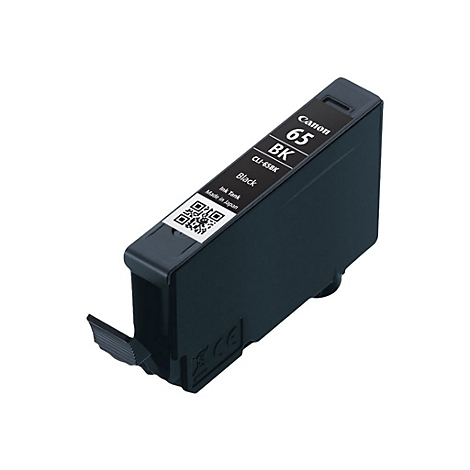 Schwarze Canon 65 Druckerpatrone. Aufschrift: Canon 65 BK, Ink Tank, Made in Japan.