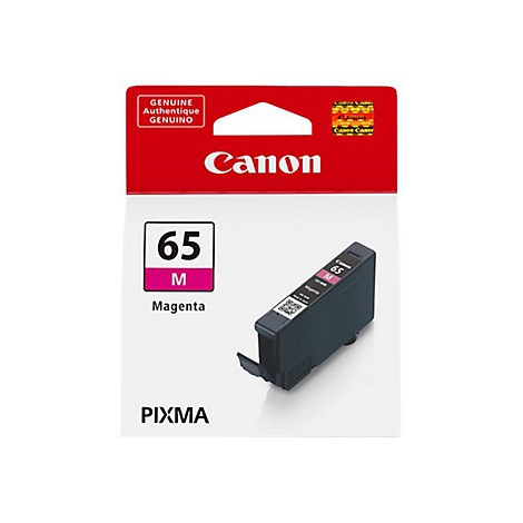 Canon Druckerpatrone 65M, magenta. Schwarzer Tintenbehälter mit Verpackung, weißer Hintergrund.