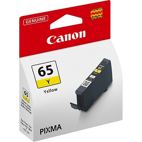 Gelbe Canon Tintenpatrone, Modell 65Y, in der Verpackung. Aufdrucke: Canon, Genuine, Pixma.