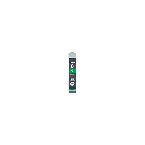 Eine Canon-Tintenpatrone. Auf der grünen Patrone steht "8G Green" und "PUSH".