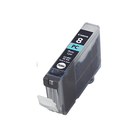 Eine Canon Tintenpatrone, Modell 8 PC, blau-schwarz. Aufdrucke: Canon, Photo Cyan, CLI-8PC, Made in Japan.