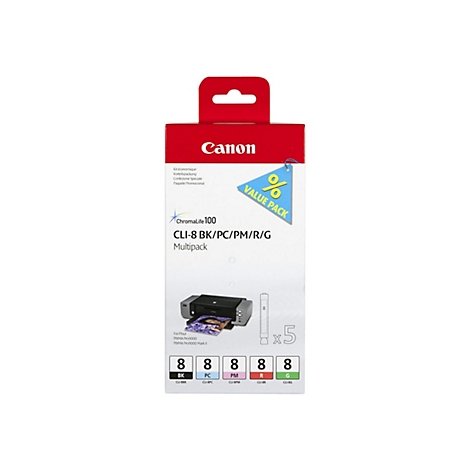 Eine Canon-Tintenpatronen-Multipack-Verpackung, rot und weiß, mit Produktinformationen und farbigen Patronen, Detailansicht.