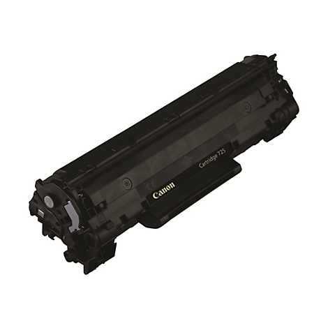 Schwarze Canon-Tonerkartusche, Modell 725, schräg vor weißem Hintergrund.