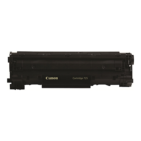 Schwarze Canon Tonerkartusche 725 auf weißem Hintergrund. Aufschrift 'Canon' und 'Cartridge 725'.