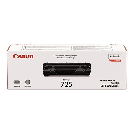 Eine Druckerpatronenverpackung der Marke Canon. Auf der weißen Verpackung stehen Logos und Text. Oben steht "Cartridge 725". Darunter ein Bild der schwarzen Druckerpatrone. Auf der Verpackung steht zudem "Authentic Laser Cartridges".