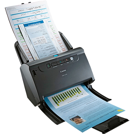 A black Canon scanner is pulling in documents. Papers are in the feeder above, and a sheet is being output below. Blue lights.