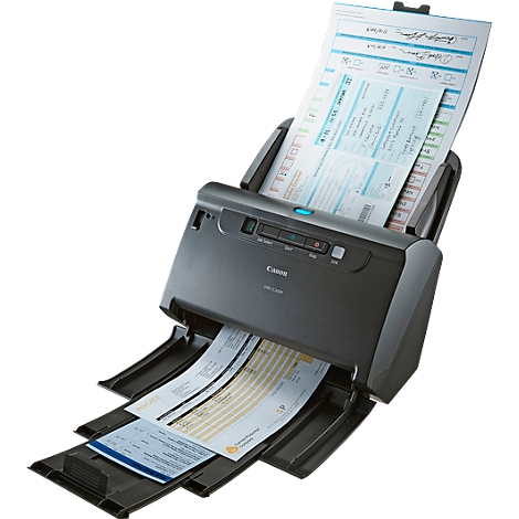 Black Canon scanner with documents inserted, in the process of scanning. Paper is fed in at the top and output at the bottom.