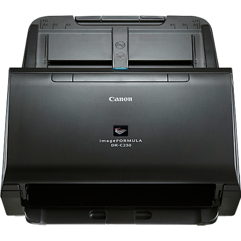 A black Canon scanner with the input cover open. "Canon" and "imageFORMULA DR-C230" are on the front.
