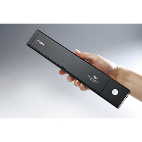 Black scanner in hand, Canon logo, text: imageFORMULA P-208II.