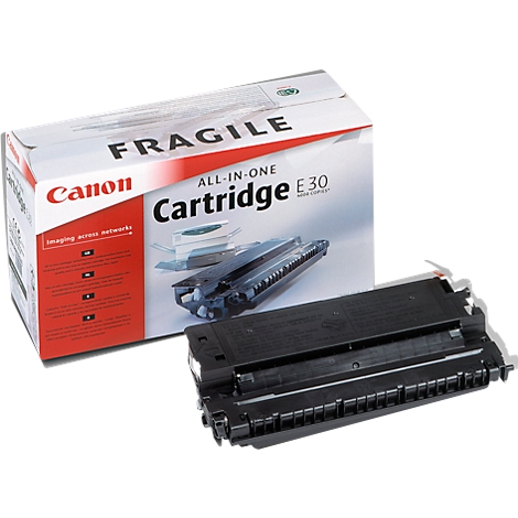Eine Canon All-in-One Cartridge E30 neben der Verpackung. Schwarze Patrone und Karton mit Aufschrift "Fragile".