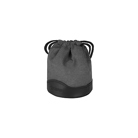 Sac d'objectif Canon gris avec similicuir noir, cordon de serrage.