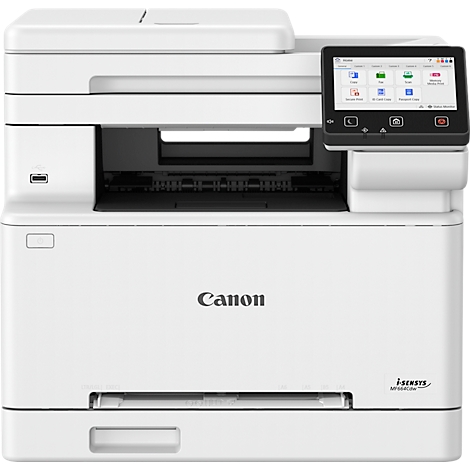 Weißer Canon Laserdrucker, Touchscreen-Display, USB-Anschluss, Papiereinzug unten.