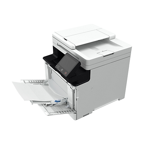 Weißer Canon Multifunktionsdrucker. Schwarzes Bedienfeld mit Touchscreen. Das Canon Logo ist prominent sichtbar.