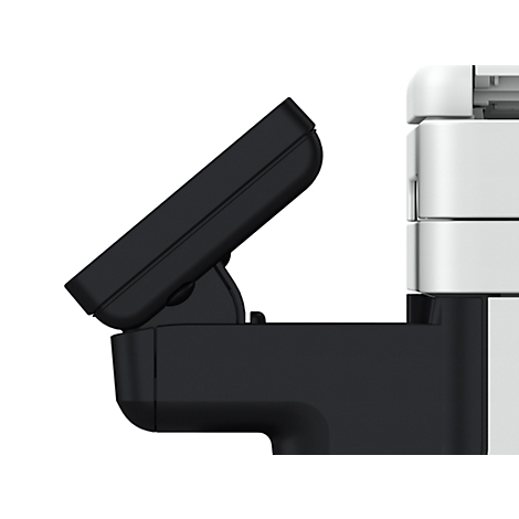 Detailaufnahme des Displays eines Druckers. Das Display ist schräg aufgestellt und hat eine schwarze Farbe.