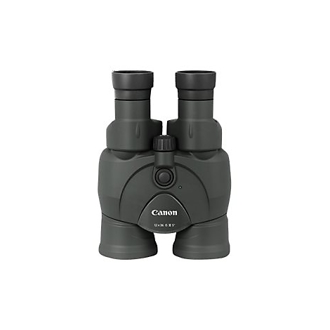 Dunkelgrünes Fernglas vor weißem Hintergrund. Der Herstellername 'Canon' ist sichtbar.
