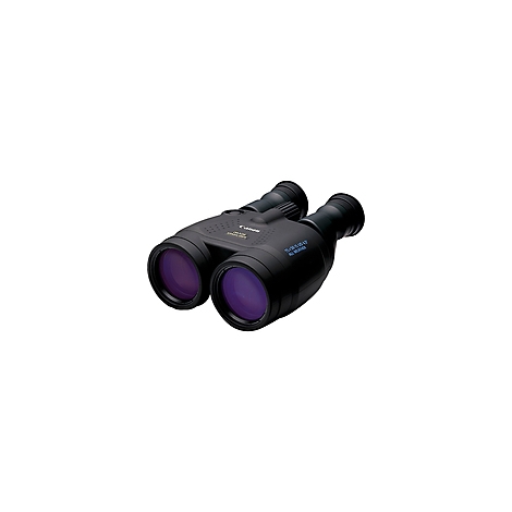 Schwarzes Fernglas mit violetten Linsen. Aufschrift 'CANON' und technische Daten.