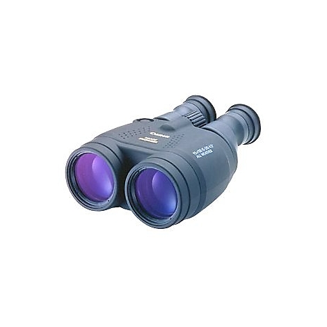 Dunkelgraues Fernglas mit violetten Linsen, das auf einer weißen Oberfläche liegt. Beschriftung: Canon, Bildstabilisator, All Weather.