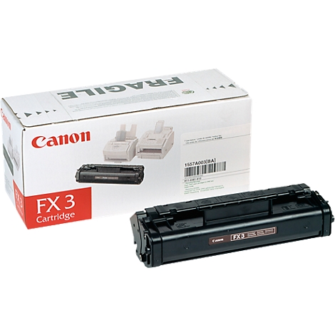 Canon FX3-tonercartridge, naast een witte doos met productillustraties, tekst en het Canon-logo.