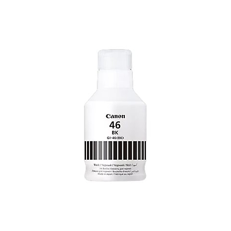 Une bouteille d'encre blanche Canon. Sur la bouteille, on peut lire Canon 46 BK. Il y a un code-barres sous le texte.